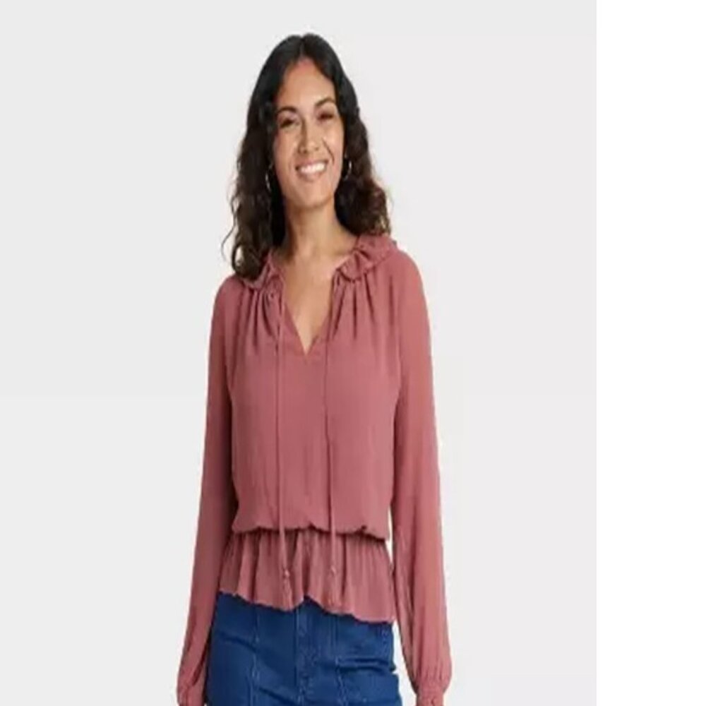Universal Thread Boho Bohemian Long Sleeves Ruffle Collard & Hem Blouse Size XL